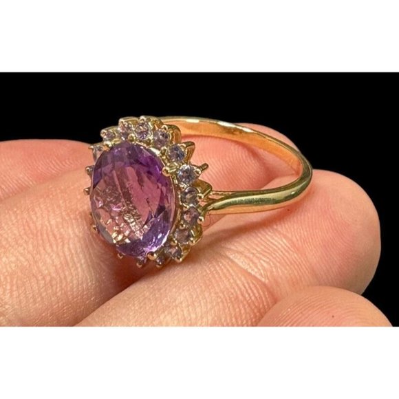 10k FP Ring Yellow Gold Oval Cut Amethyst Blue Topaz Halo Band Size 10 Signed - Picture 7 of 9